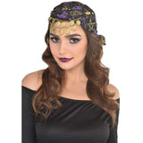 Fortune teller headwrap in mystical fabric print and embellished with gold coins.