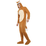 fox all in one costume for adults with hood and attached tail with white tip.