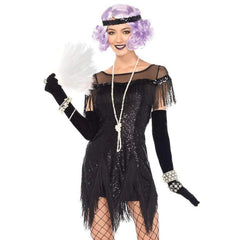 Black foxtrot flapper costume with sequin dress and accessories for hire in Brisbane