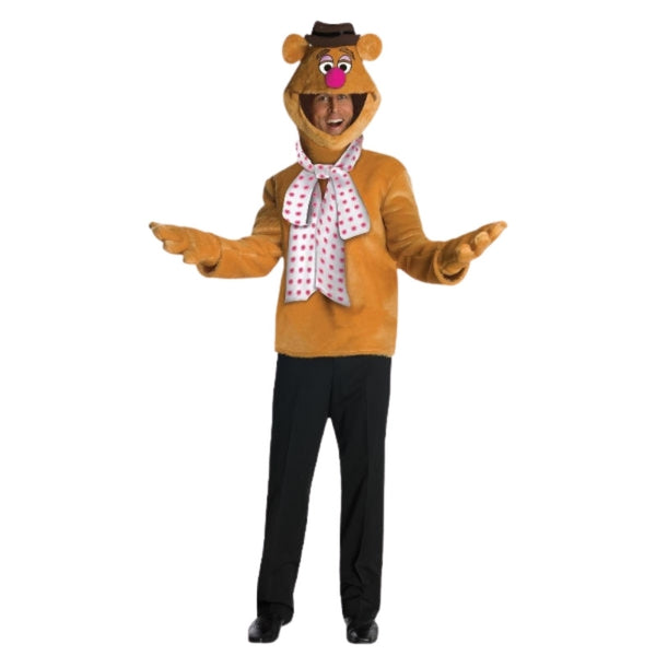 Fozzie Bear Adult Costume – long-sleeved faux fur top with attached printed neck scarf, oversized 3D moulded mask with mini hat and open mouth for visibility, and matching faux fur gloves.
