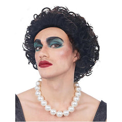 Curly black wig styled after Frank N Furter from the Rocky Horror Show, perfect for recreating the iconic character’s bold and theatrical look.