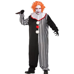 Second image of the Freaky the Evil Clown costume showing the contrasting black and striped design of the jumpsuit, detailed neck frill, and pom poms from a different angle.