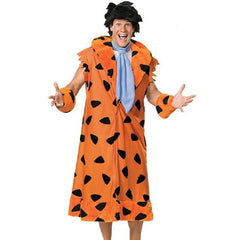 Fred Flintstone costume with orange coat, tie, wig, and club for hire in Brisbane