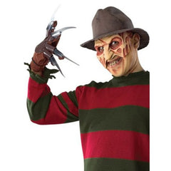 Adult-sized Freddy Krueger sweater featuring the iconic red and green striped pattern, perfect for recreating the classic horror movie villain look.