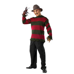 Adult-sized Freddy Krueger sweater featuring the iconic red and green striped pattern, perfect for recreating the classic horror movie villain look.