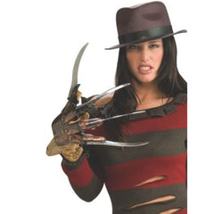 Freddy 'Miss Krueger' Costume - Adult, green and red dress with slashes and jagged hemline, plus brown fedora.
