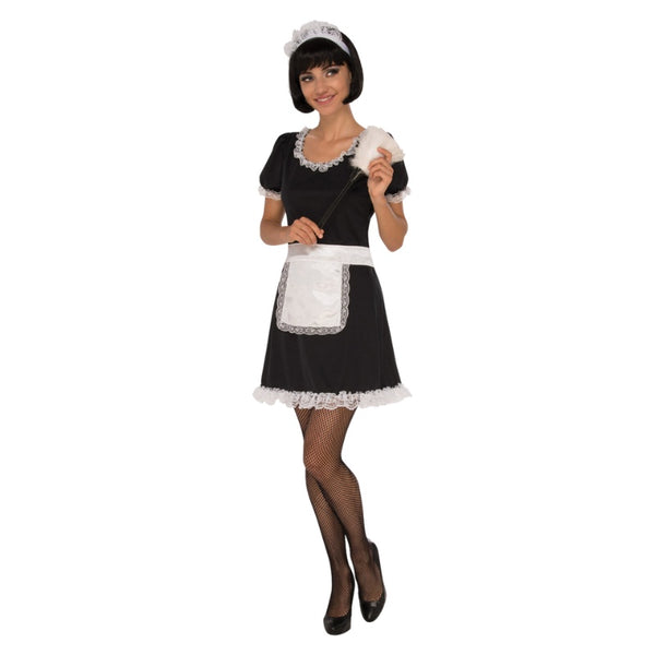 Adult French Maid costume with mini dress, apron, and lace headpiece