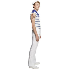 French Sailor Costume, mens white pants with gold buttons, blue and white stripe sleeveless shirt.