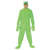 Adult frog costume with green jumpsuit and oversized frog hood