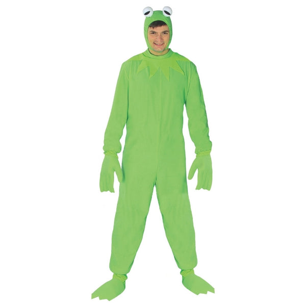 Adult frog costume with green jumpsuit and oversized frog hood