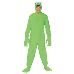 Adult frog costume with green jumpsuit and oversized frog hood