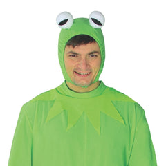 Adult frog costume with green jumpsuit and oversized frog hood