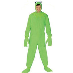Front view of Frog Costume with green jumpsuit and large-eyed hood for adults.