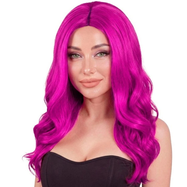 Fuchsia Roxy Wig with long wavy pink hair and centre part – adult costume wig
