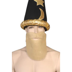 Full moustache and beard set in black, blonde and light brown with adhesive backing for costume use.