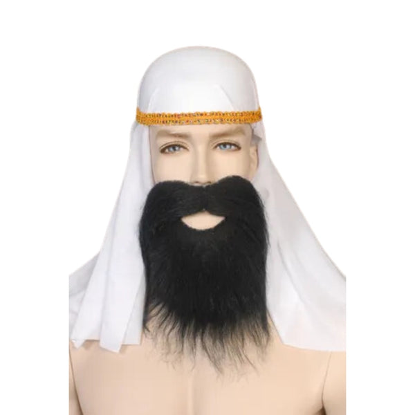 Full moustache and beard set in black, blonde and light brown with adhesive backing for costume use.
