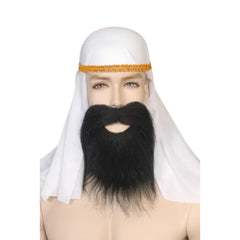 Full moustache and beard set in black, blonde and light brown with adhesive backing for costume use.