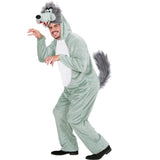 Man wearing the funny wolf hooded jumpsuit costume