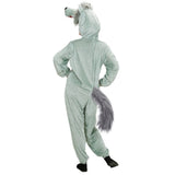 Back of funny wolf hooded jumpsuit costume showing a fluffy tail