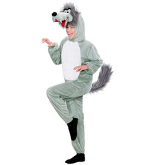 Funny wolf hooded jumpsuit with cute face on hood and fluffy tail – kids costume for Halloween or Book Week