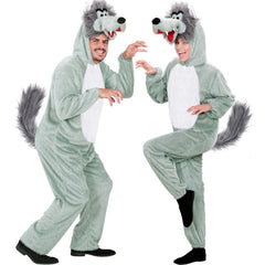 Funny wolf hooded jumpsuit with cute face on hood and fluffy tail – kids costume for Halloween or Book Week
