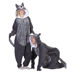 funsie wolf costume hire, onesie with attached hood with wolf features, fur tummy and tail.