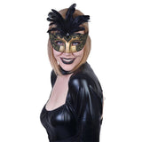 Gabrielle Black and Gold Eye Mask, black and gold base decorated with intricated design, embellished with glitter and feathers.