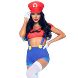 Women's plumber costume shorts with braces, midriff top and hat