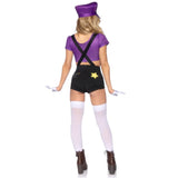 Back view of gammer baddie costume with short shorts and mid riff top hat
