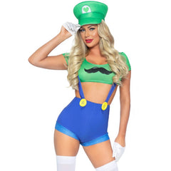 Front view of Gamer Sidekick costume with crop top, shorts, and hat