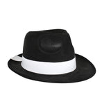 Black fedora hat with a white band on a white background
