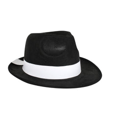 Black feltex gangster hat with white band, adult size costume accessory by Dr Toms