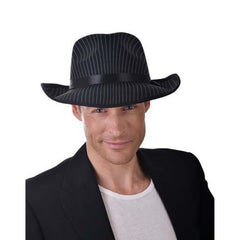 Black pinstripe gangster hat, adult size, ideal for 1920s or Great Gatsby costumes