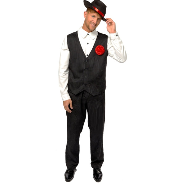 Gangster mens costume, shirt with mock pin stripe vest, matching trousers and hat.