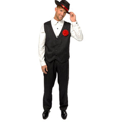 Gangster mens costume, shirt with mock pin stripe vest, matching trousers and hat.