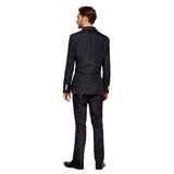 Back view of gangster pinstripe black suit costume for men