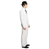 Gangster White Pinstripe Suit Costume, double breasted jacket, pants and black tie.