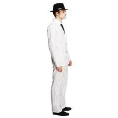 Gangster White Pinstripe Suit Costume, double breasted jacket, pants and black tie.