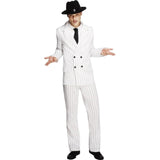 Gangster White Pinstripe Suit Costume, double breasted jacket, pants and black tie.