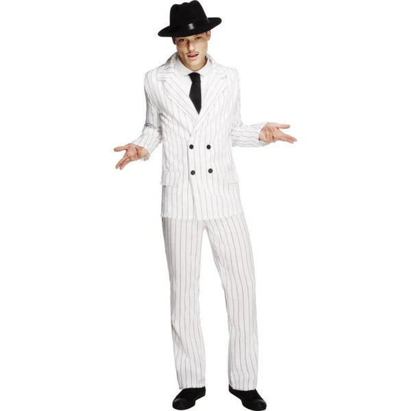 Gangster White Pinstripe Suit Costume, double breasted jacket, pants and black tie.
