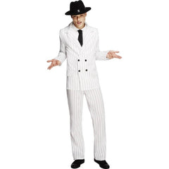 Gangster White Pinstripe Suit Costume, double breasted jacket, pants and black tie.