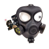 Black gas mask with tag attached