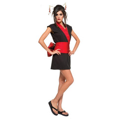 Short black and red wrap-style dress with obi-style belt and hair accessories – Rubie’s costume