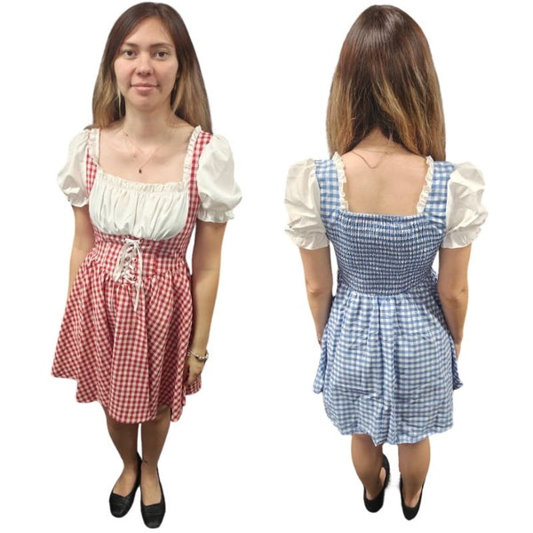 Steffi German dirndl dress for adults available in red and white or blue and white for Oktoberfest and Bavarian-themed events.