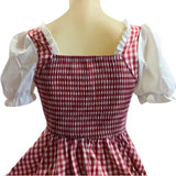 Back view of the Steffi German dirndl dress showing the red and white gingham design and shirred back detail.
