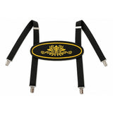 Black German lederhosen suspenders with gold decorative front panel