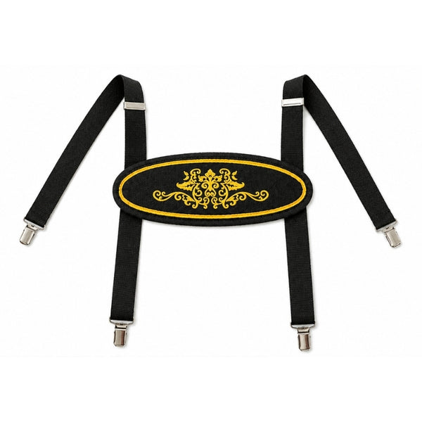 Black German lederhosen suspenders with gold decorative front panel