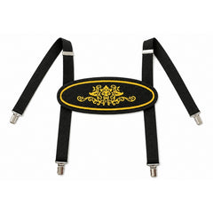 Black German lederhosen suspenders with gold decorative front panel