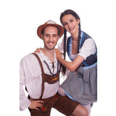 German man hire, brown lederhosen with embrodery and shirt with braid, hire includes shirt, pants and hat.