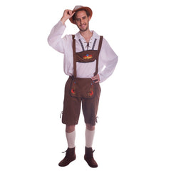 German man hire, brown lederhosen with embrodery and shirt with braid, hire includes shirt, pants and hat.